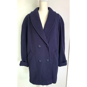 Herman Kay Vtg 80s Women's Size Large Wool Blue Button Double Breasted Pea Coat